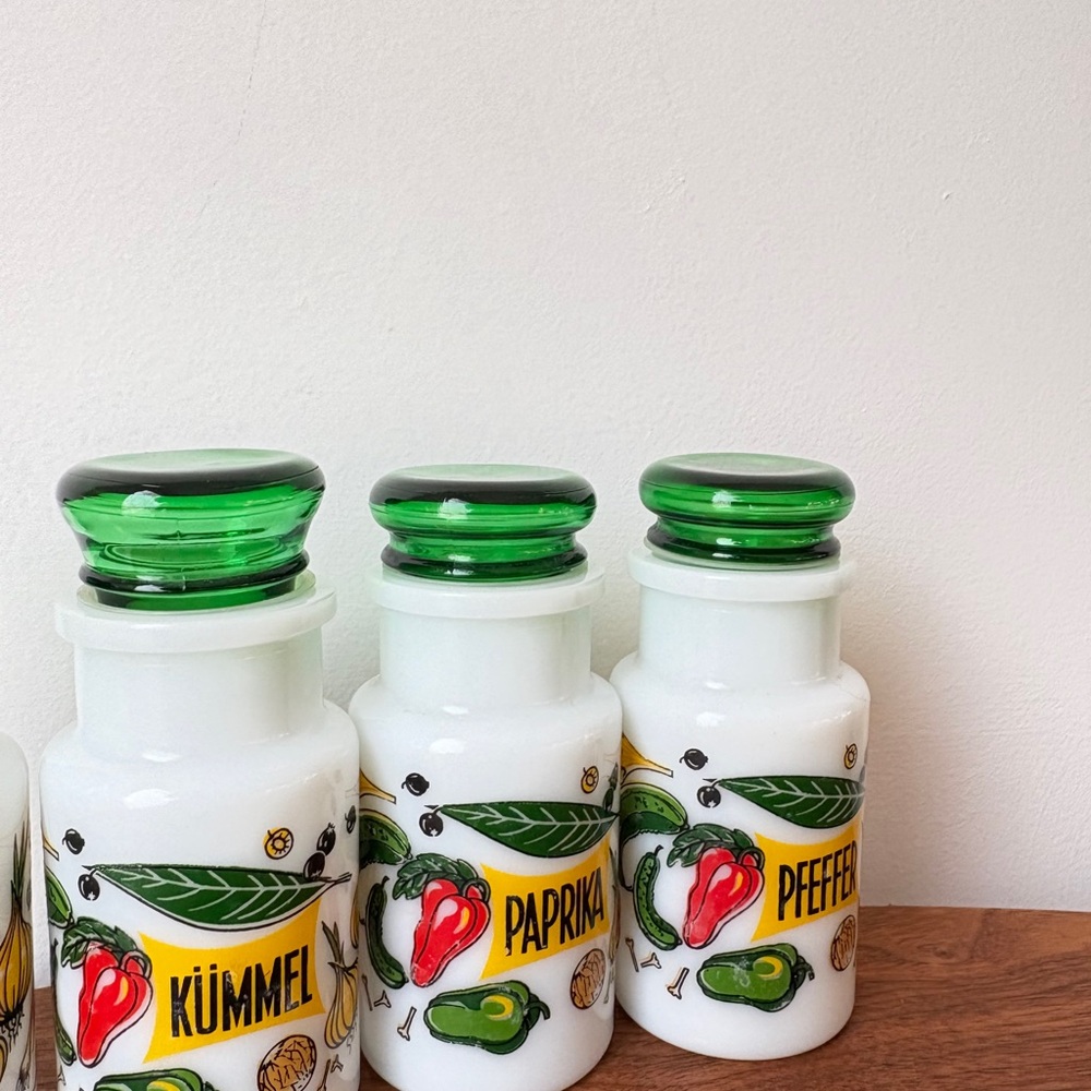 Vintage Kitchen Decor Colorful Spice Jars with Green Lids French Farmhouse Jars - Picture 13 of 13